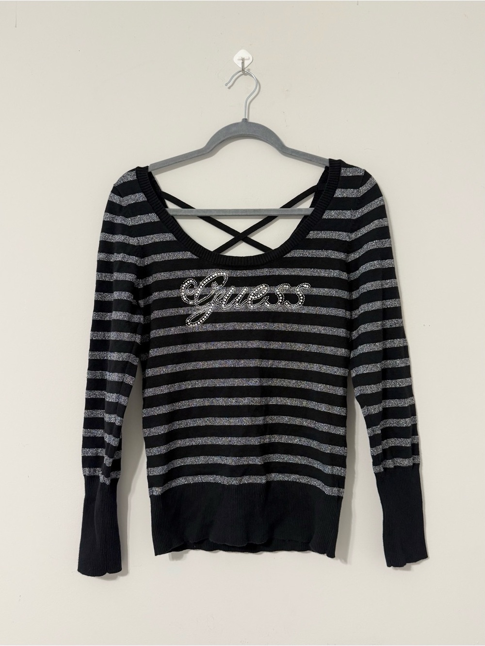 Guess Y2K Black & Silver Metallic Rhinestones Long Sleeve Knit Top